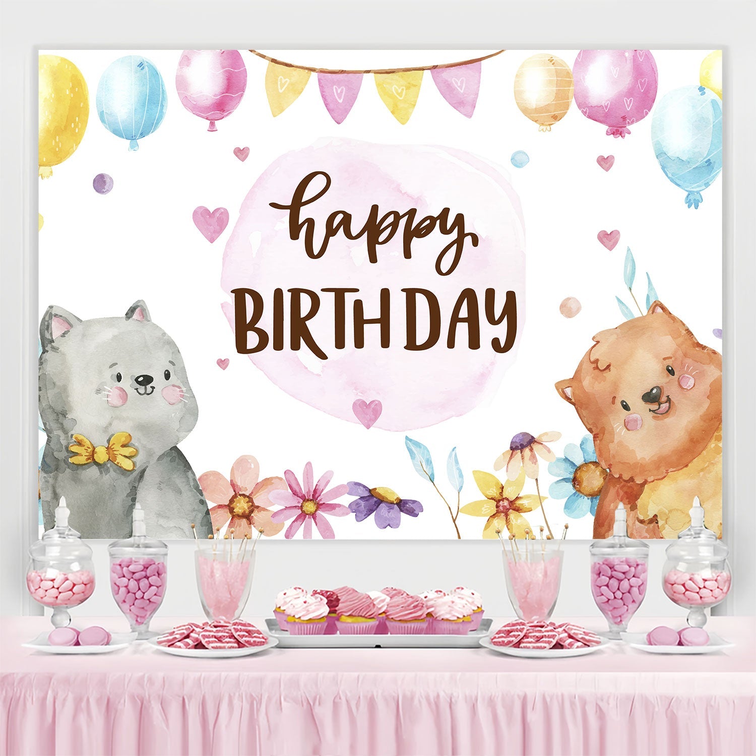 Geburtstag Backdrop Personalisierte Aquarell niedliche Tiere Backdrop BRP3-74