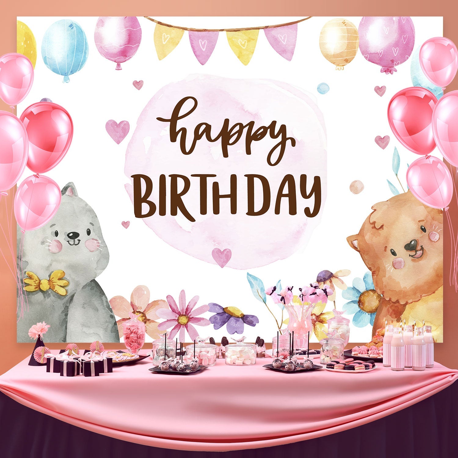 Geburtstag Backdrop Personalisierte Aquarell niedliche Tiere Backdrop BRP3-74