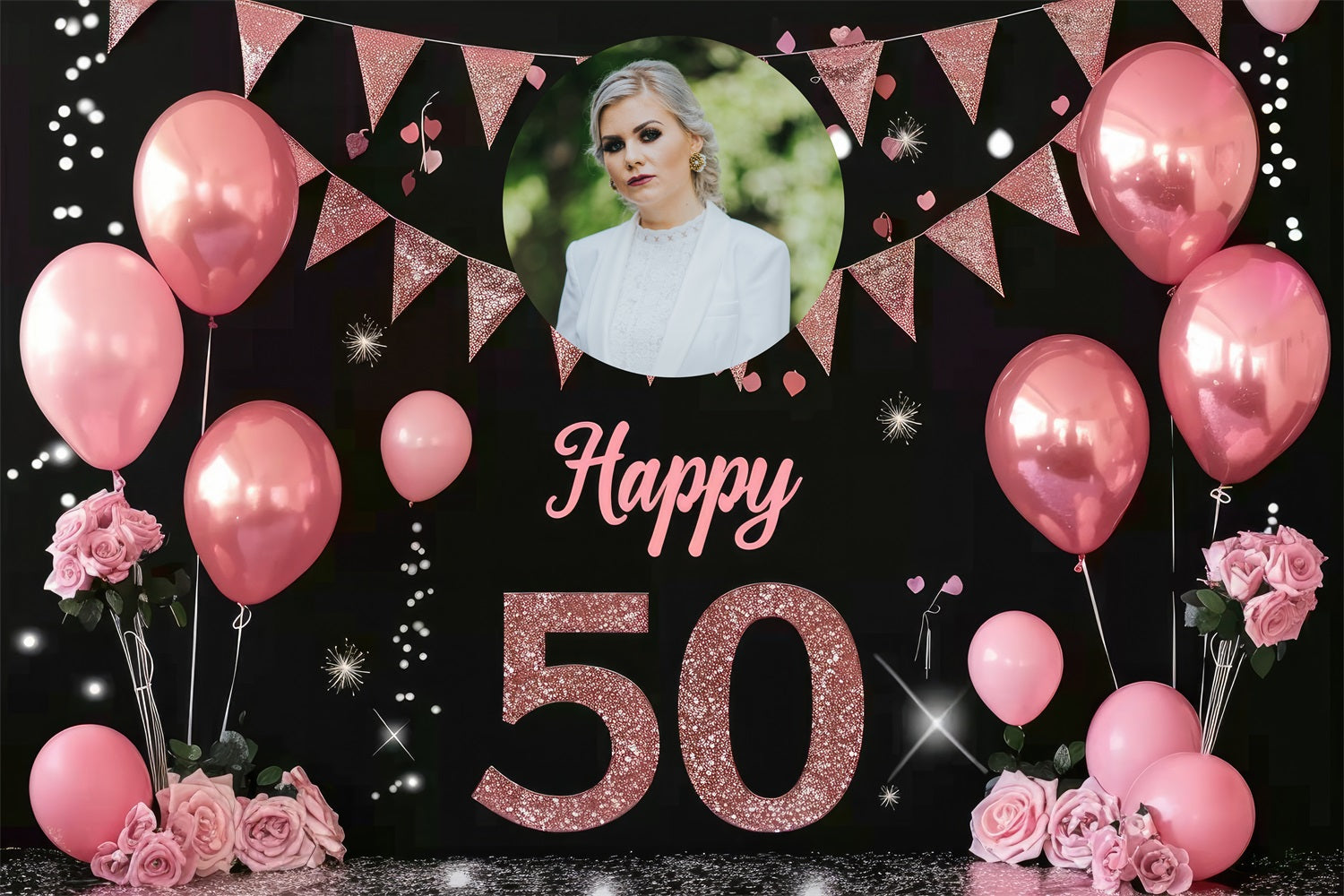 Personalisierte 50th Geburtstag Backdrop Glitzy Sterne Ballons Backdrop BRP4-11