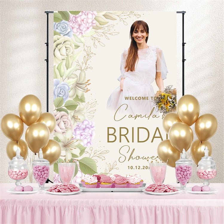 Fotohintergrund für die Brautparty Pastellfarbene Blumen Personalisierte Kulisse BRP4-140