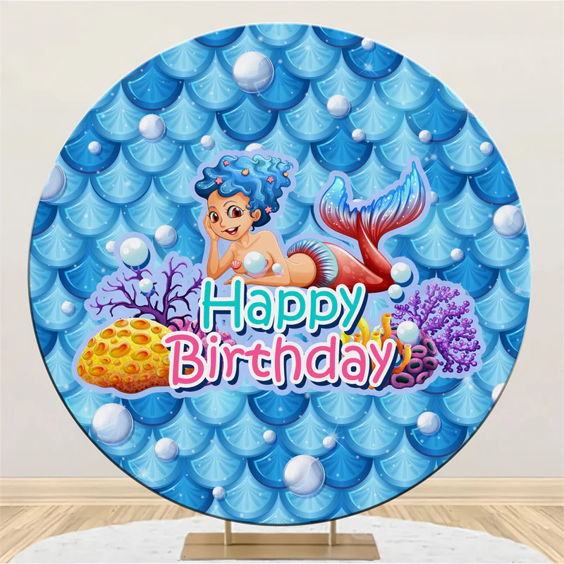 Happy Birthday Backdrop Niedliche Cartoon Meerjungfrau Runde Kulisse BRP5-127