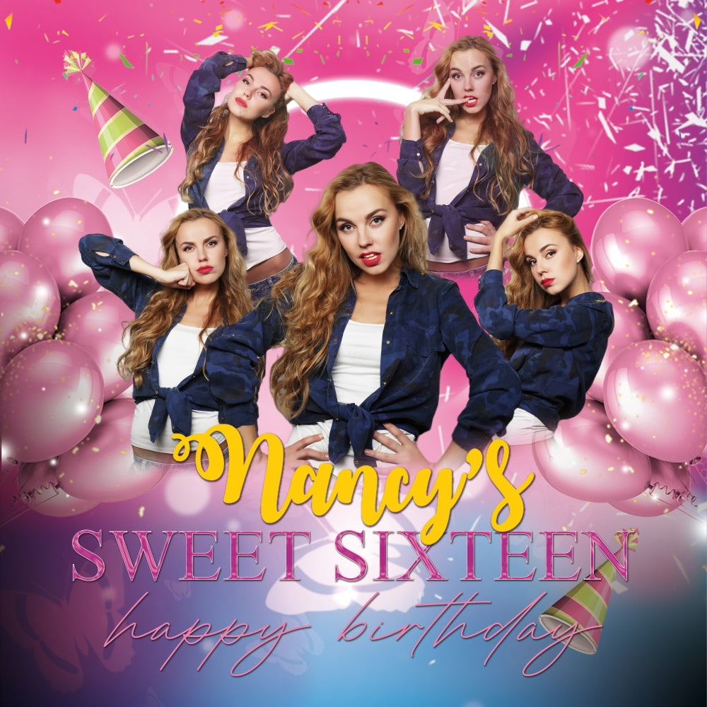 Personalisierte Backdrop für Geburtstag Sweet 16 Glam Ballons Hintergrund BRP5-77