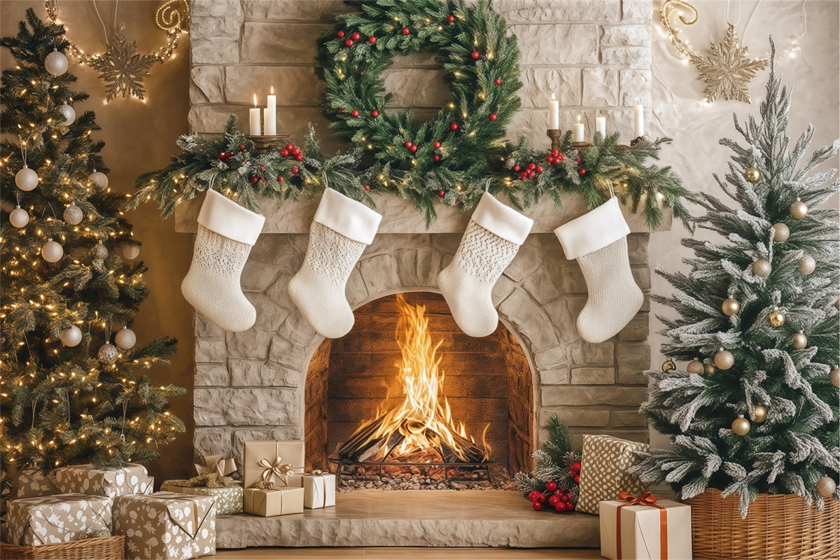 Professionelle Weihnachts-Hintergrundkulissen Cozy Hearth Stockings Backdrop BRP57-133