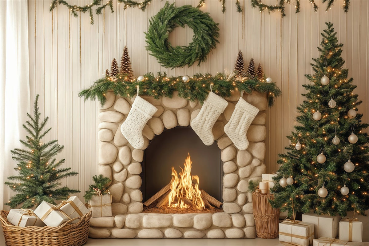 Weihnachtskamin Backdrop Pebble Hearth Pines Backdrop BRP57-134