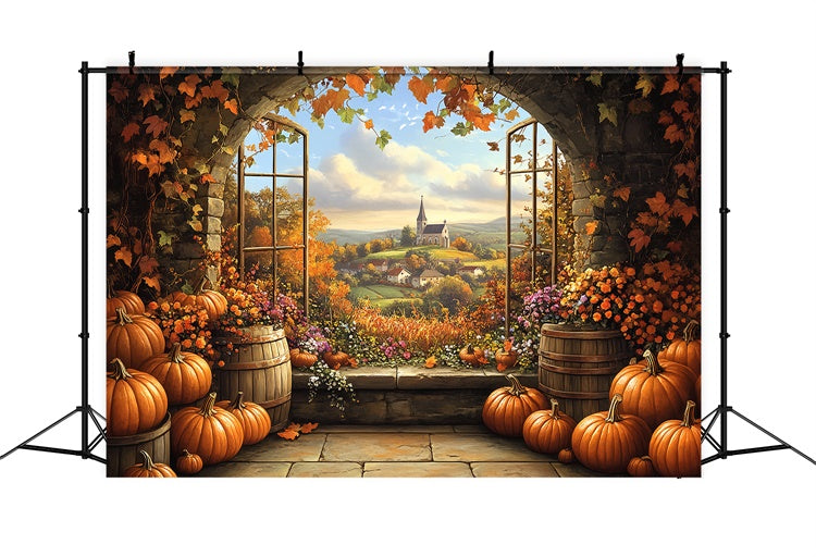 Herbst Fotokulissen Kürbisfass Dorfansicht Hintergrund BRP57-175
