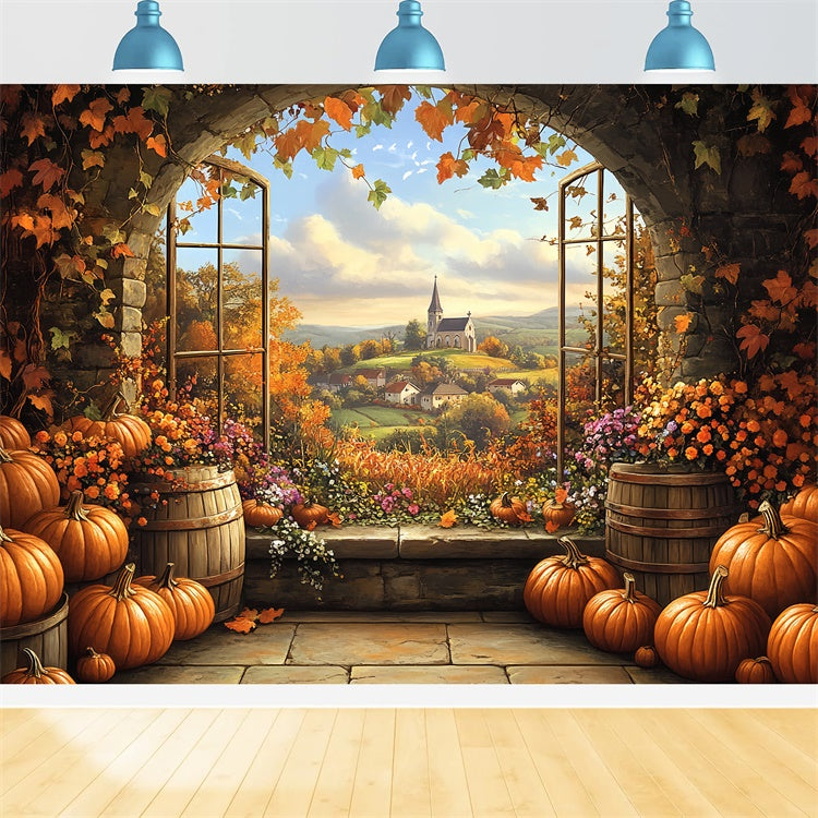 Herbst Fotokulissen Kürbisfass Dorfansicht Hintergrund BRP57-175