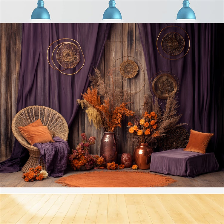 Herbst Backdrop Getrocknete Blumen Lila Vorhang Fotohintergrund BRP57-187