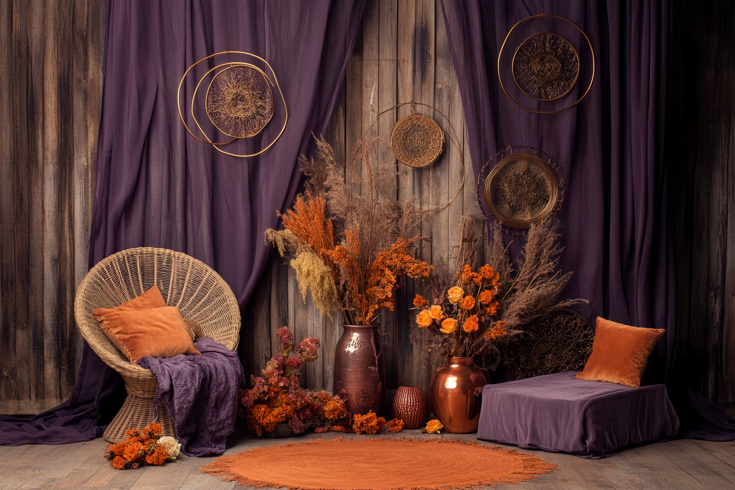 Herbst Backdrop Getrocknete Blumen Lila Vorhang Fotohintergrund BRP57-187