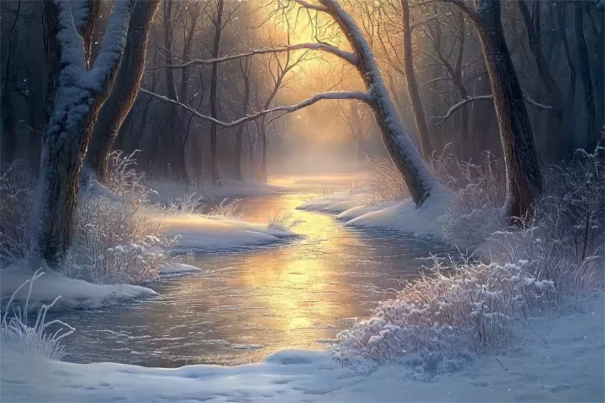 Winter Forest Backdrop Tranquil River Morning Foto Hintergrund BRP57-392