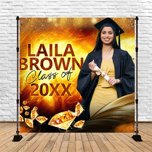 2025 Graduation Backdrop Flame Gold Personalisierte Party Graduation Backdrop BRP6-184