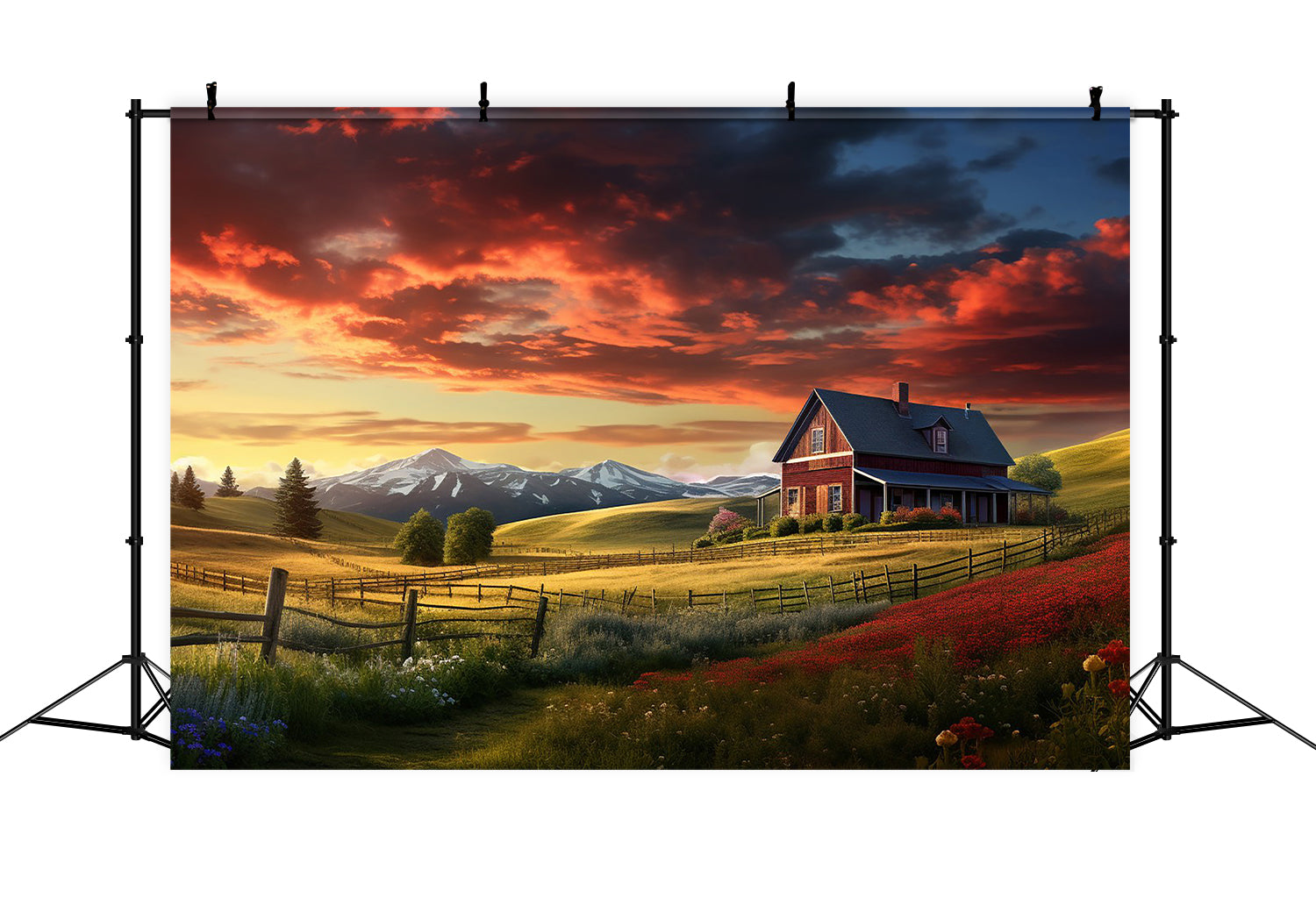 Sonnenuntergang Rotes Haus Bauernhof Herbst Fotografie Hintergrund BRP7-108