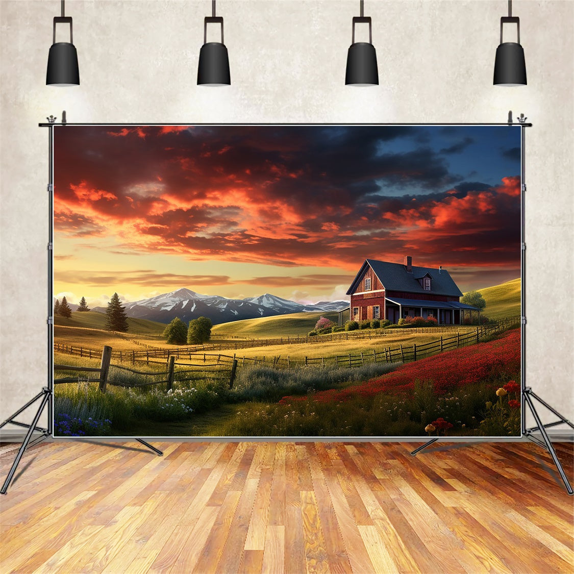 Sonnenuntergang Rotes Haus Bauernhof Herbst Fotografie Hintergrund BRP7-108