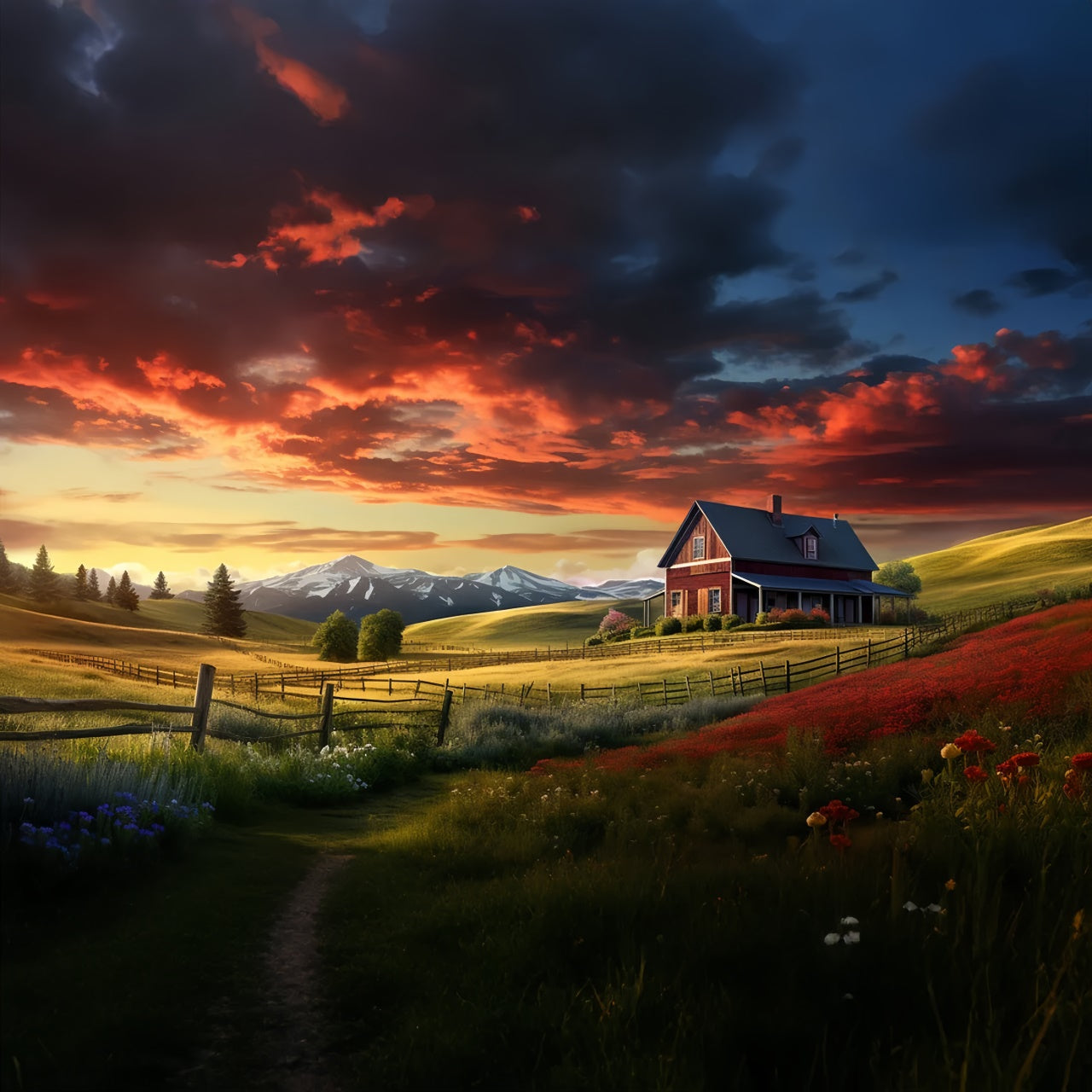 Sonnenuntergang Rotes Haus Bauernhof Herbst Fotografie Hintergrund BRP7-108
