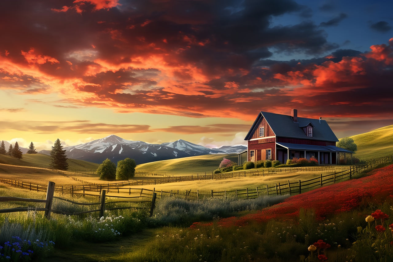 Sonnenuntergang Rotes Haus Bauernhof Herbst Fotografie Hintergrund BRP7-108