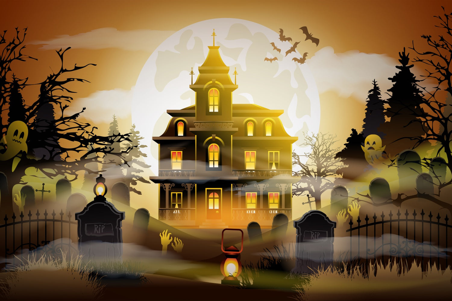 Gespenstischer Friedhof Spukhaus Gruseliger Halloween Hintergrund BRP8-163