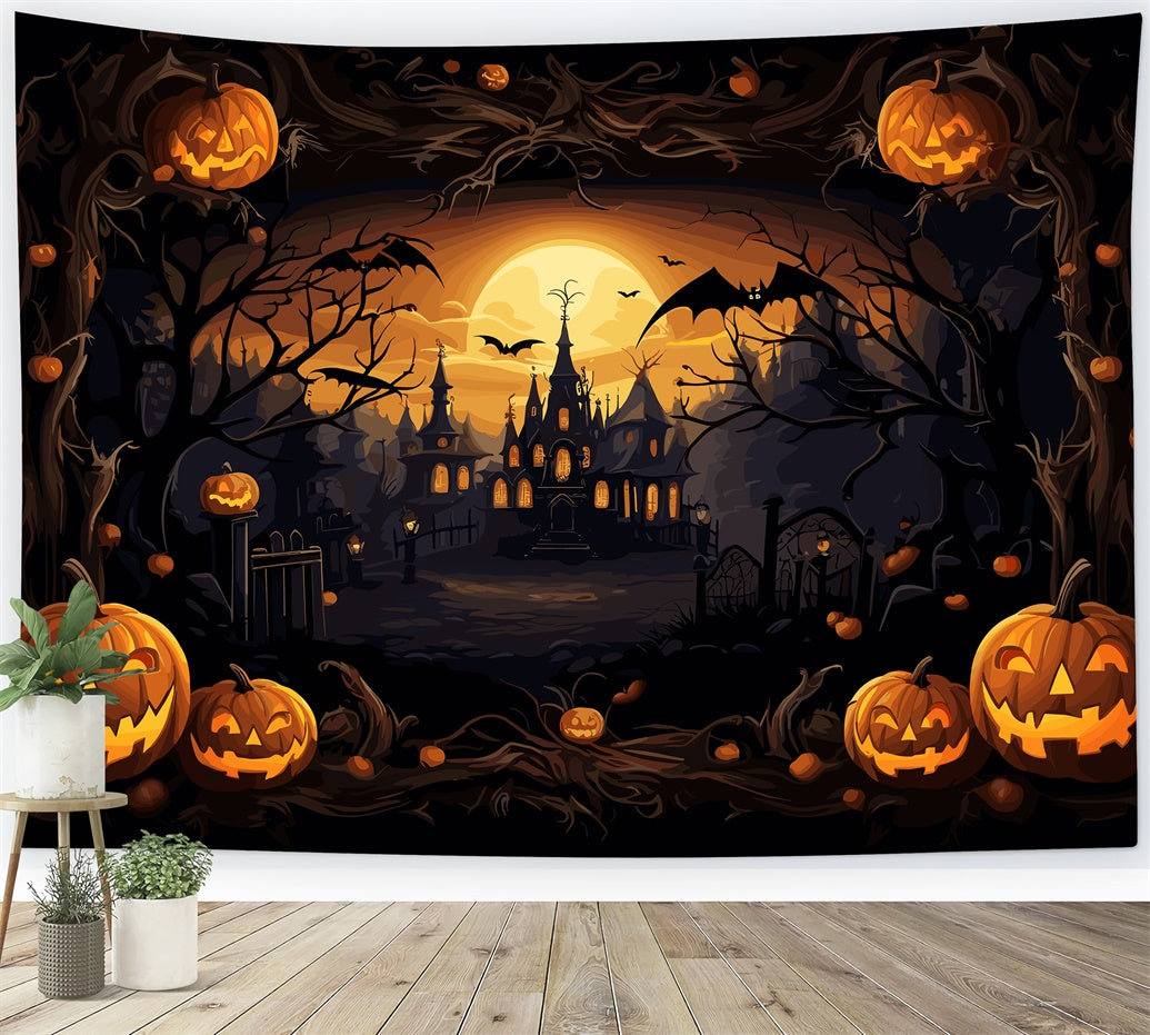 Gespenstisches Schloss und Kürbisse Halloween Hintergrund BRP8-164