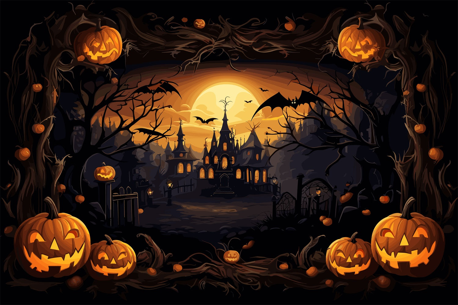 Gespenstisches Schloss und Kürbisse Halloween Hintergrund BRP8-164