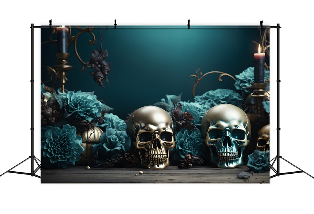 Goldene Totenköpfe und blaugrüne Rosen Halloween Hintergrund BRP8-165