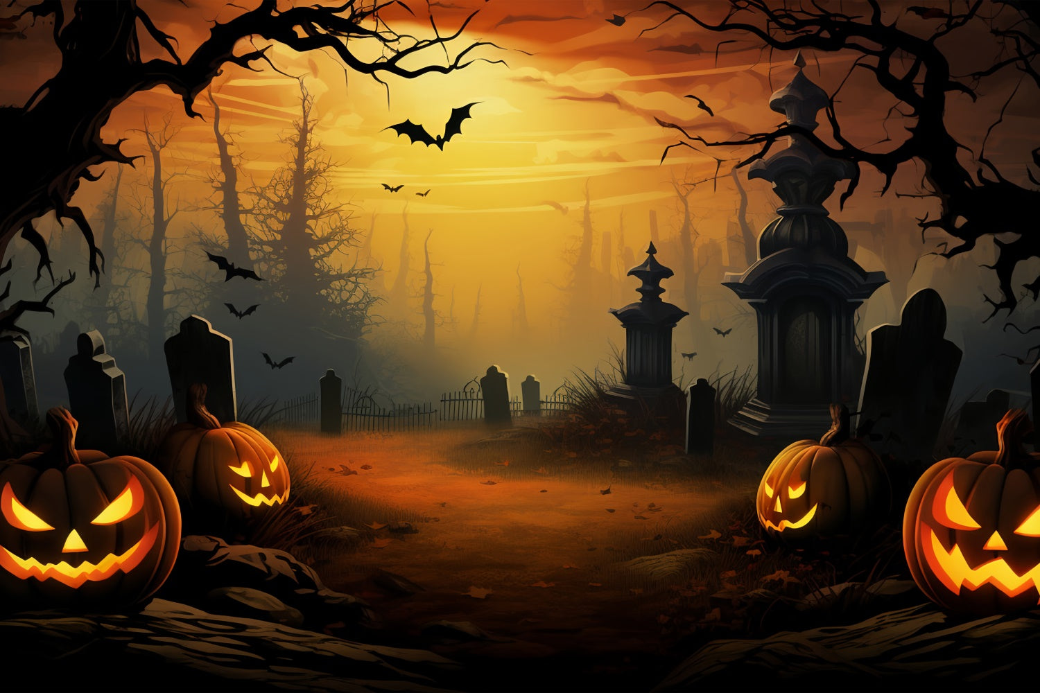 Mysteriöse Grabsteine und leuchtende Kürbisse Halloween Hintergrund BRP8-168