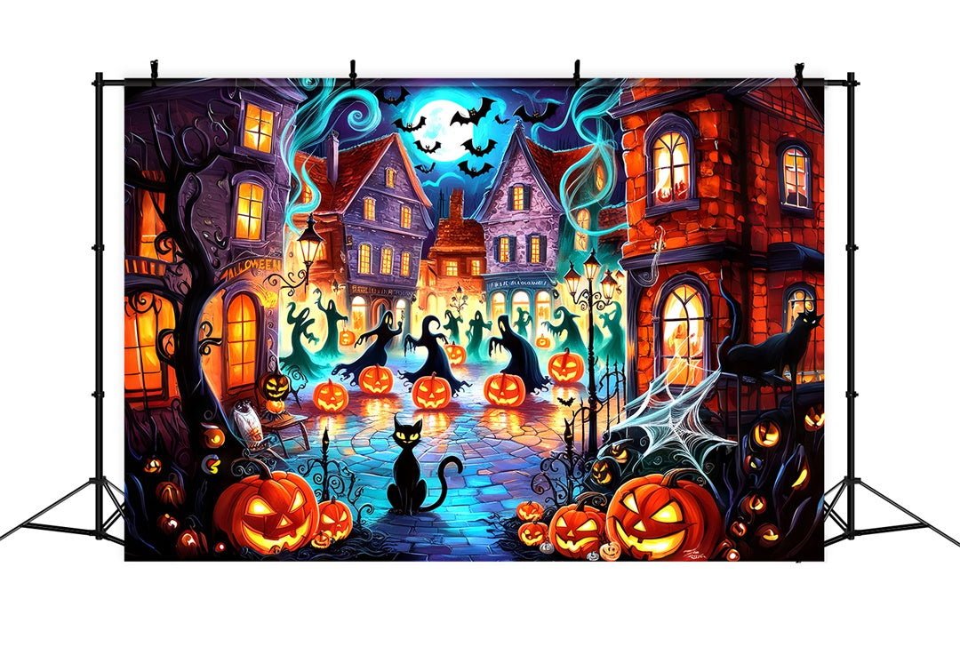Ghouls und Kürbisse in der Halloween Stadt Hintergrund BRP8-181