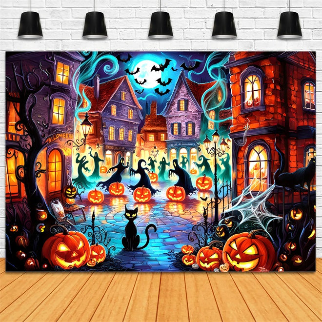 Ghouls und Kürbisse in der Halloween Stadt Hintergrund BRP8-181