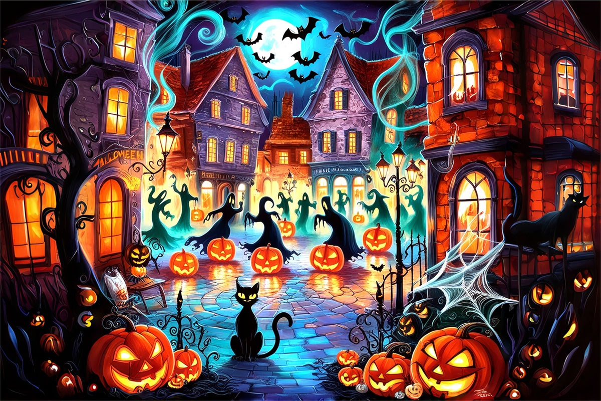 Ghouls und Kürbisse in der Halloween Stadt Hintergrund BRP8-181