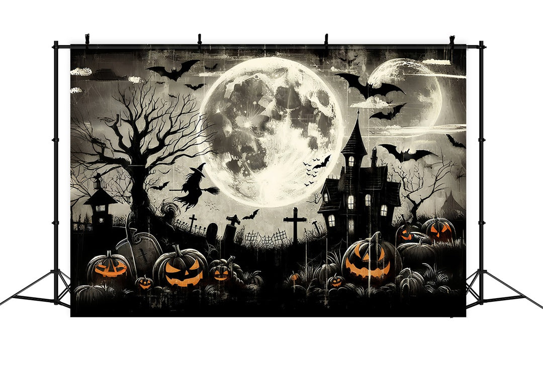 Gruseliger Halloween Friedhof mit fliegender Hexe Hintergrund BRP8-197