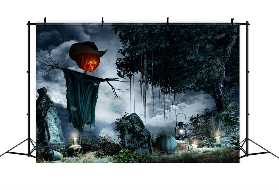 Kürbiskopf Vogelscheuche im Friedhof Halloween Hintergrund BRP8-217