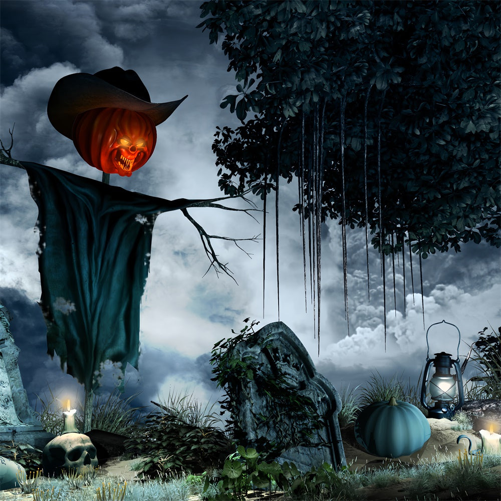Kürbiskopf Vogelscheuche im Friedhof Halloween Hintergrund BRP8-217
