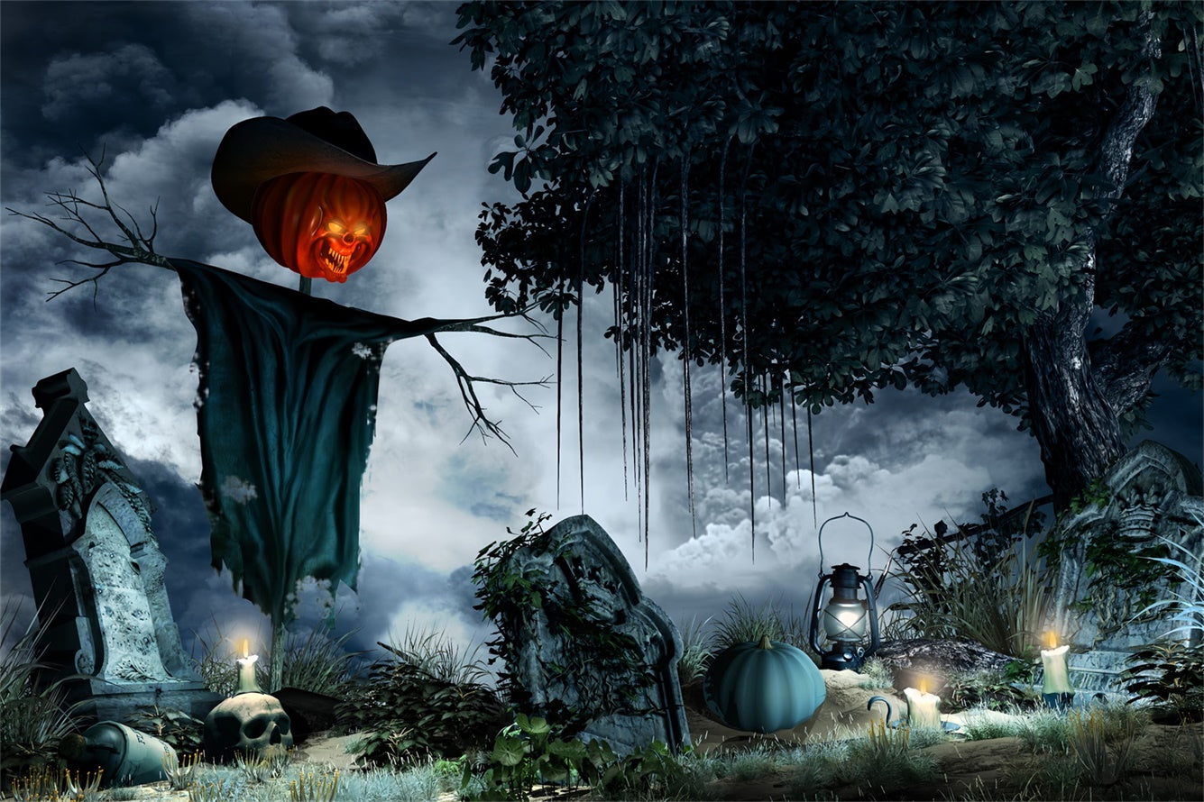 Kürbiskopf Vogelscheuche im Friedhof Halloween Hintergrund BRP8-217