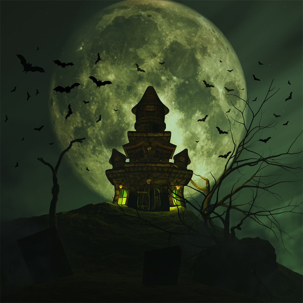 Halloween Hintergrund mit Vollmond und Burg auf dem Hügel BRP8-231