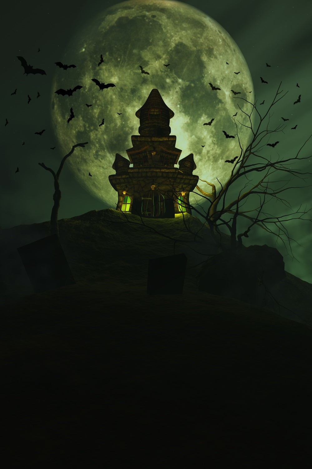 Halloween Hintergrund mit Vollmond und Burg auf dem Hügel BRP8-231