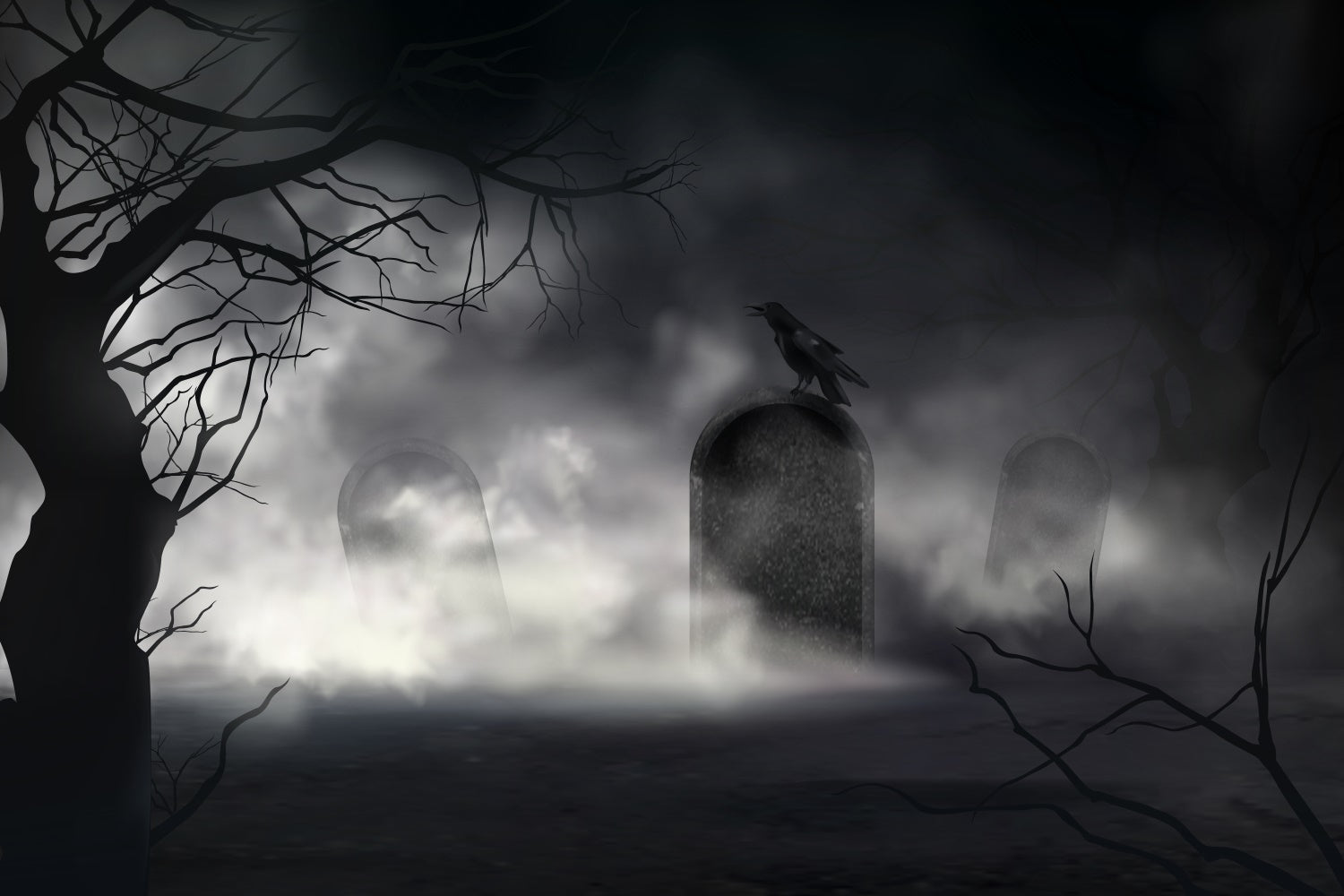 Nebliger Friedhof mit Rabe Halloween Hintergrund BRP8-232