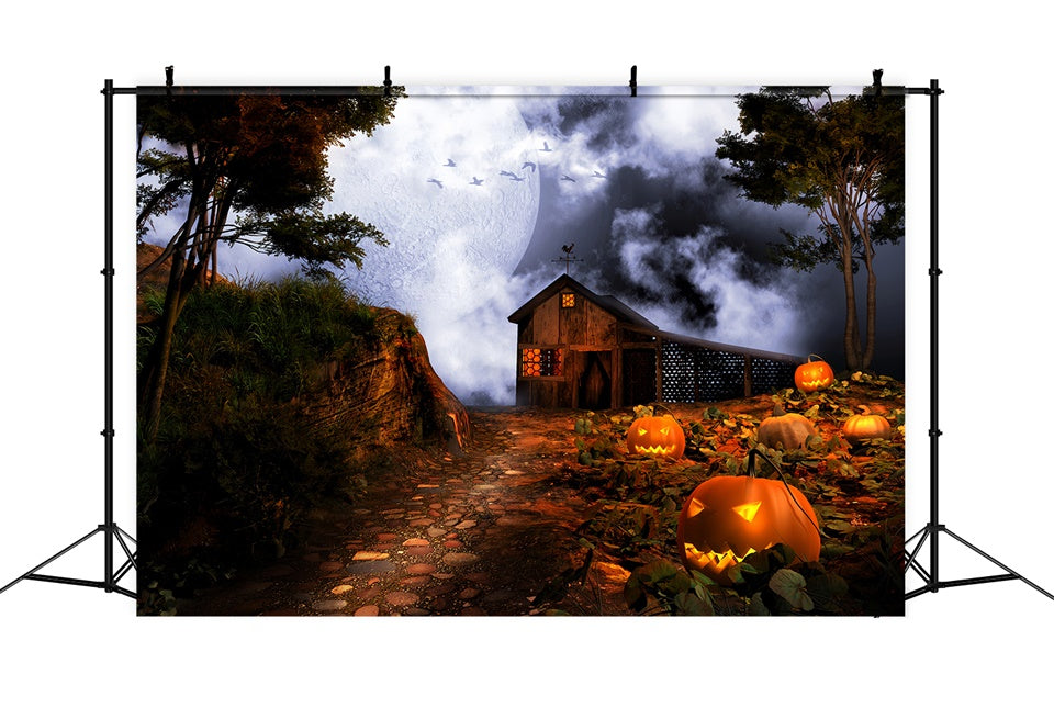 Halloween Gespenstisches Bauernhaus bei Vollmond Hintergrund BRP8-235