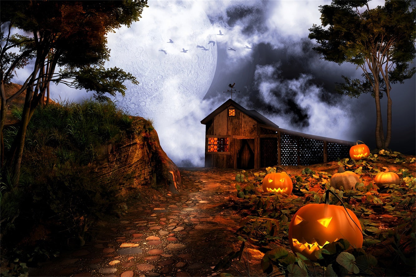 Halloween Gespenstisches Bauernhaus bei Vollmond Hintergrund BRP8-235