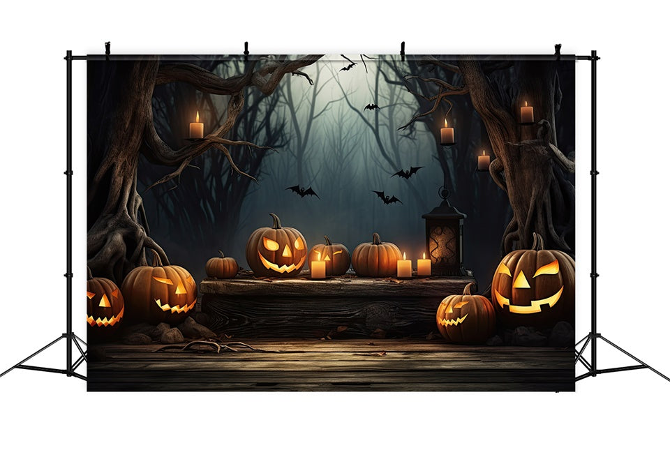 Halloween Spukwald mit leuchtenden Kürbissen Hintergrund BRP8-236