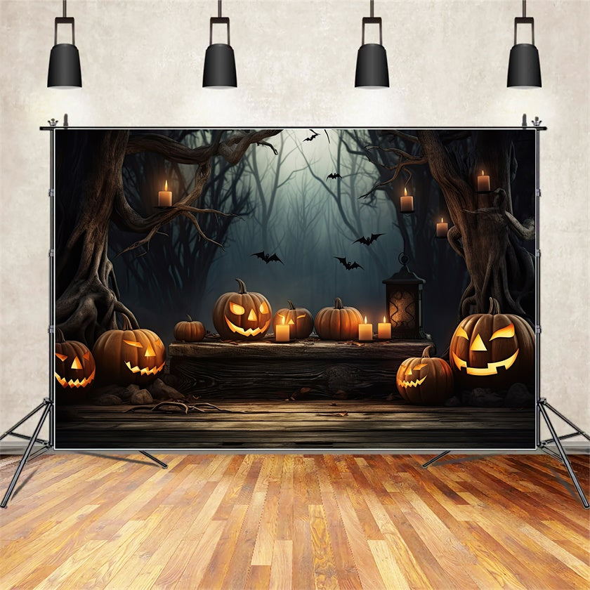 Halloween Spukwald mit leuchtenden Kürbissen Hintergrund BRP8-236