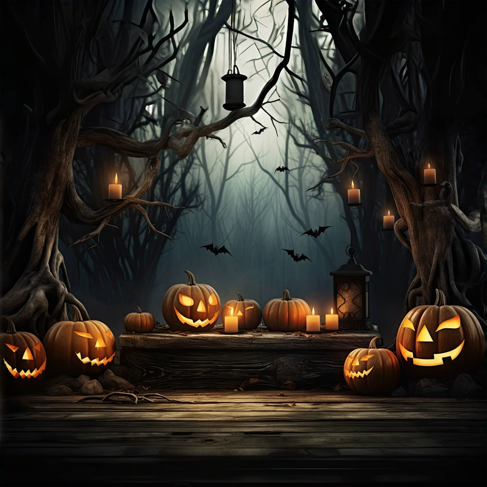 Halloween Spukwald mit leuchtenden Kürbissen Hintergrund BRP8-236