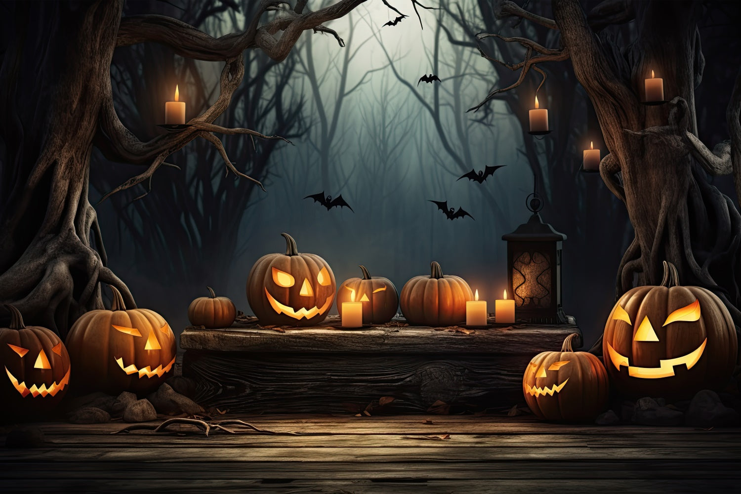 Halloween Spukwald mit leuchtenden Kürbissen Hintergrund BRP8-236