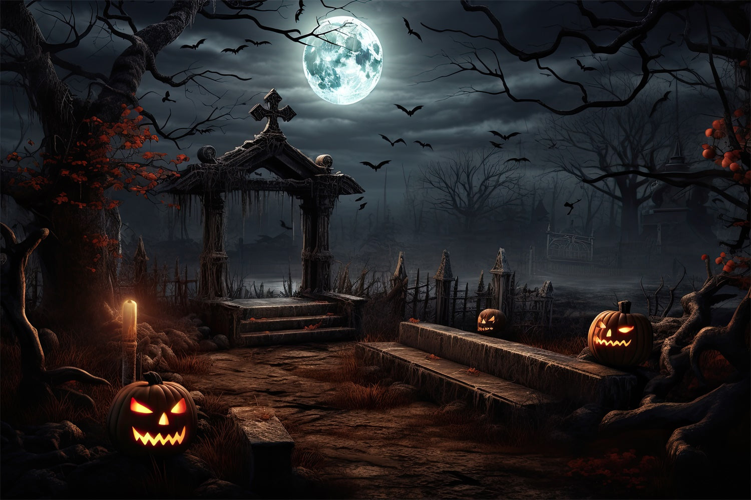 Gruseliger Halloween Friedhof mit leuchtenden Kürbissen Hintergrund BRP8-237