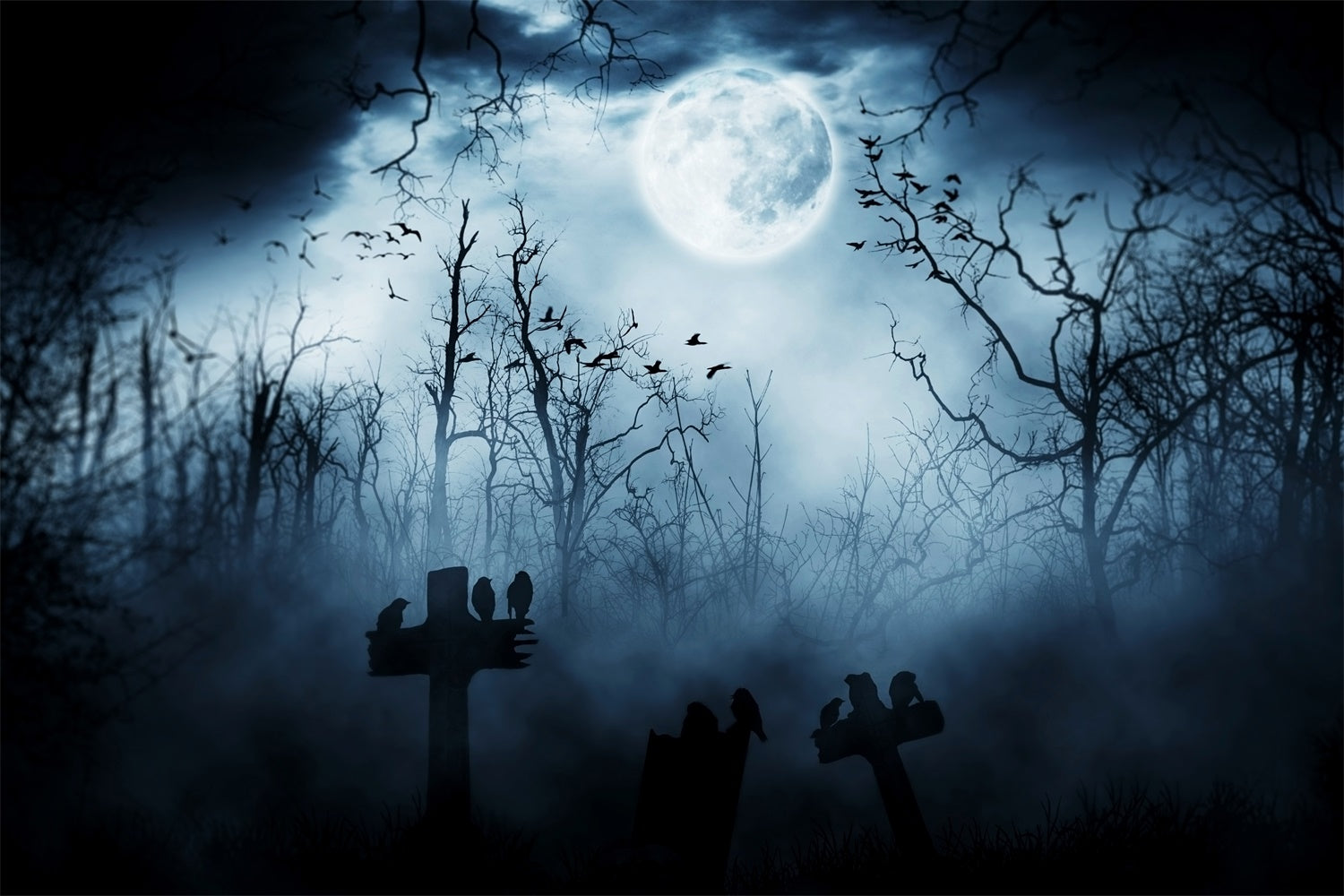 Nebelige Nacht mit Krähen Halloween Wald Hintergrund BRP8-246