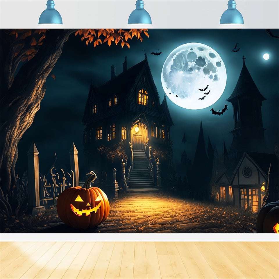 Unheimliches Herrenhaus bei Vollmond Halloween Hintergrund BRP8-250
