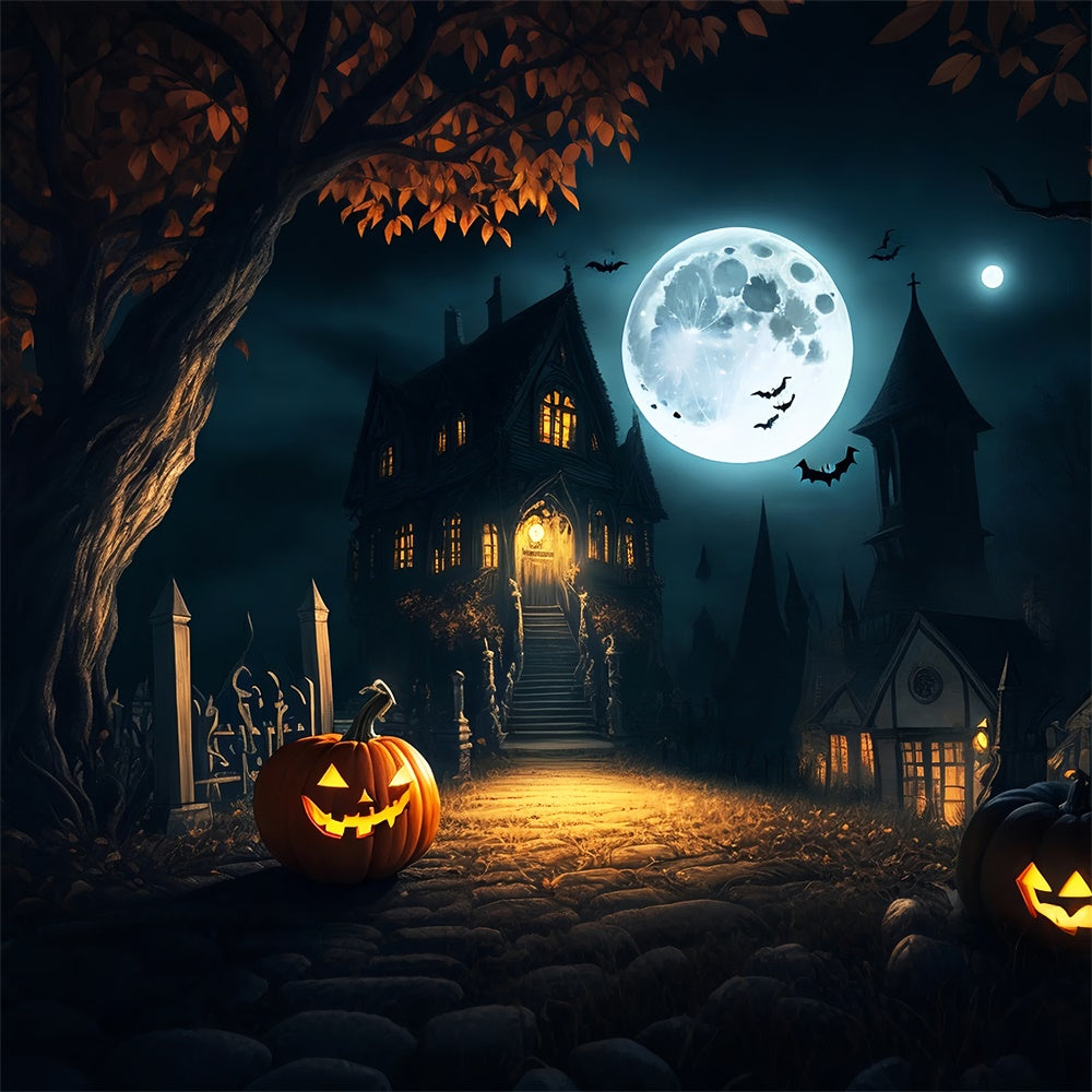Unheimliches Herrenhaus bei Vollmond Halloween Hintergrund BRP8-250