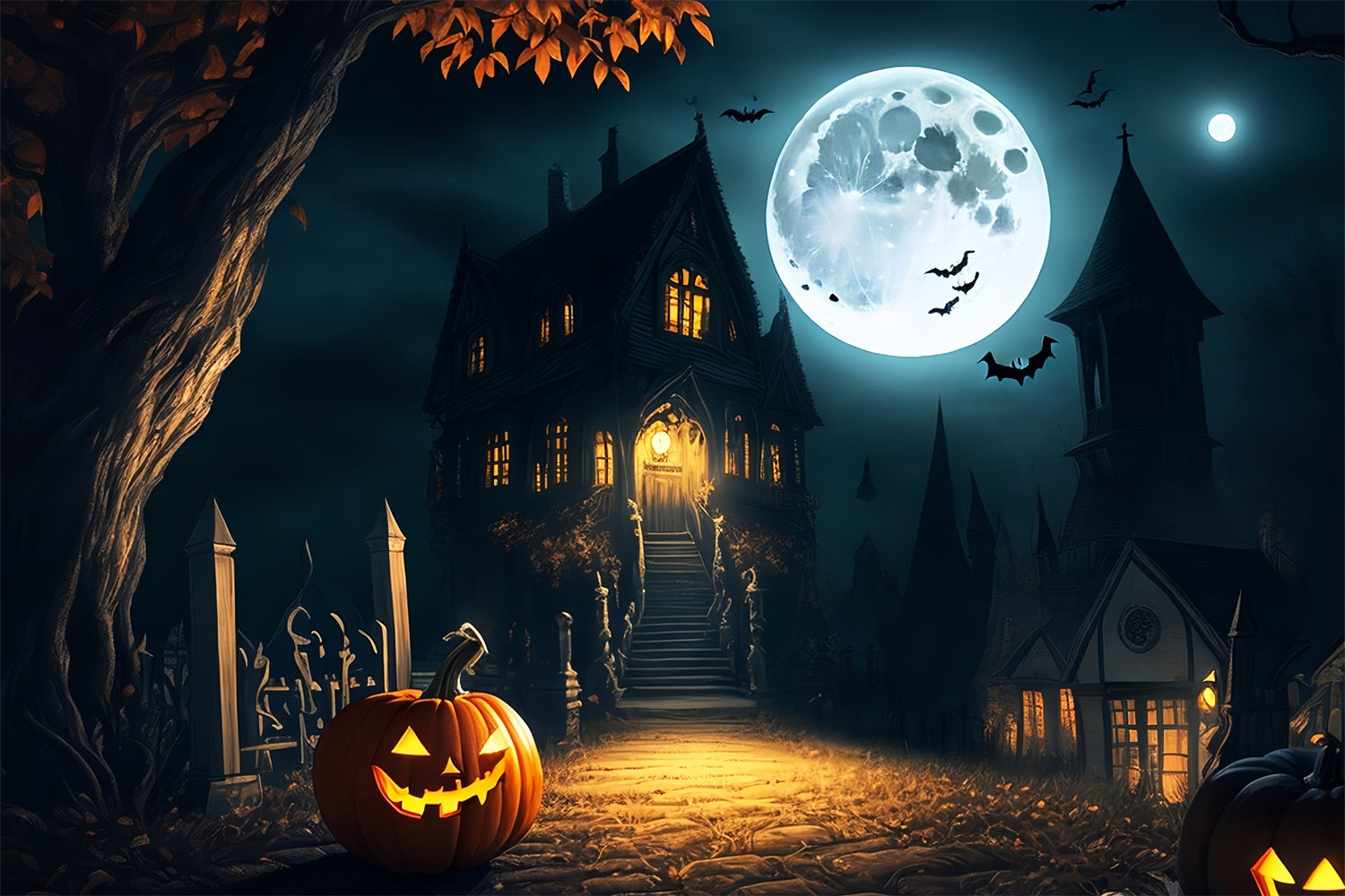 Unheimliches Herrenhaus bei Vollmond Halloween Hintergrund BRP8-250