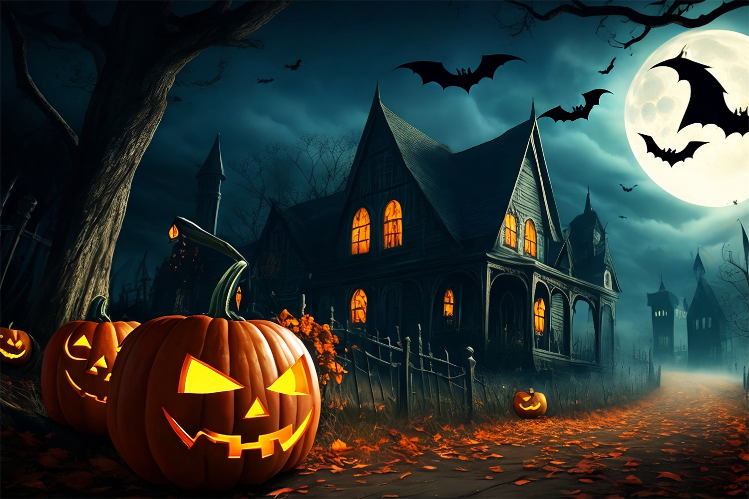 Kürbisgesäumter Pfad zu düsterem Dorf Halloween Hintergrund BRP8-251