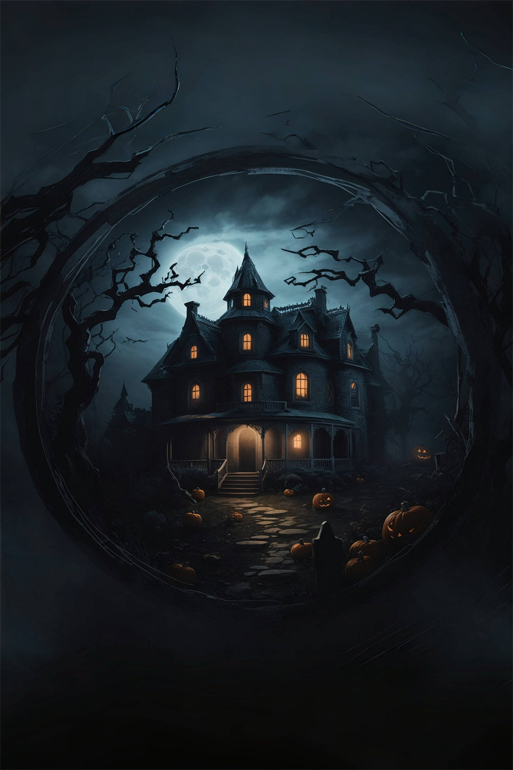 Gespenstisches Haus umgeben von Bäumen Halloween Hintergrund BRP8-252