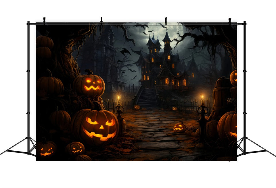 Gespenstisches Haus und Fledermäuse in der Halloween Nacht Hintergrund BRP8-253