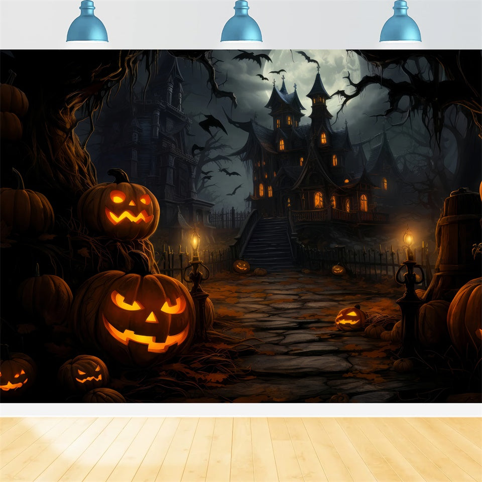 Gespenstisches Haus und Fledermäuse in der Halloween Nacht Hintergrund BRP8-253