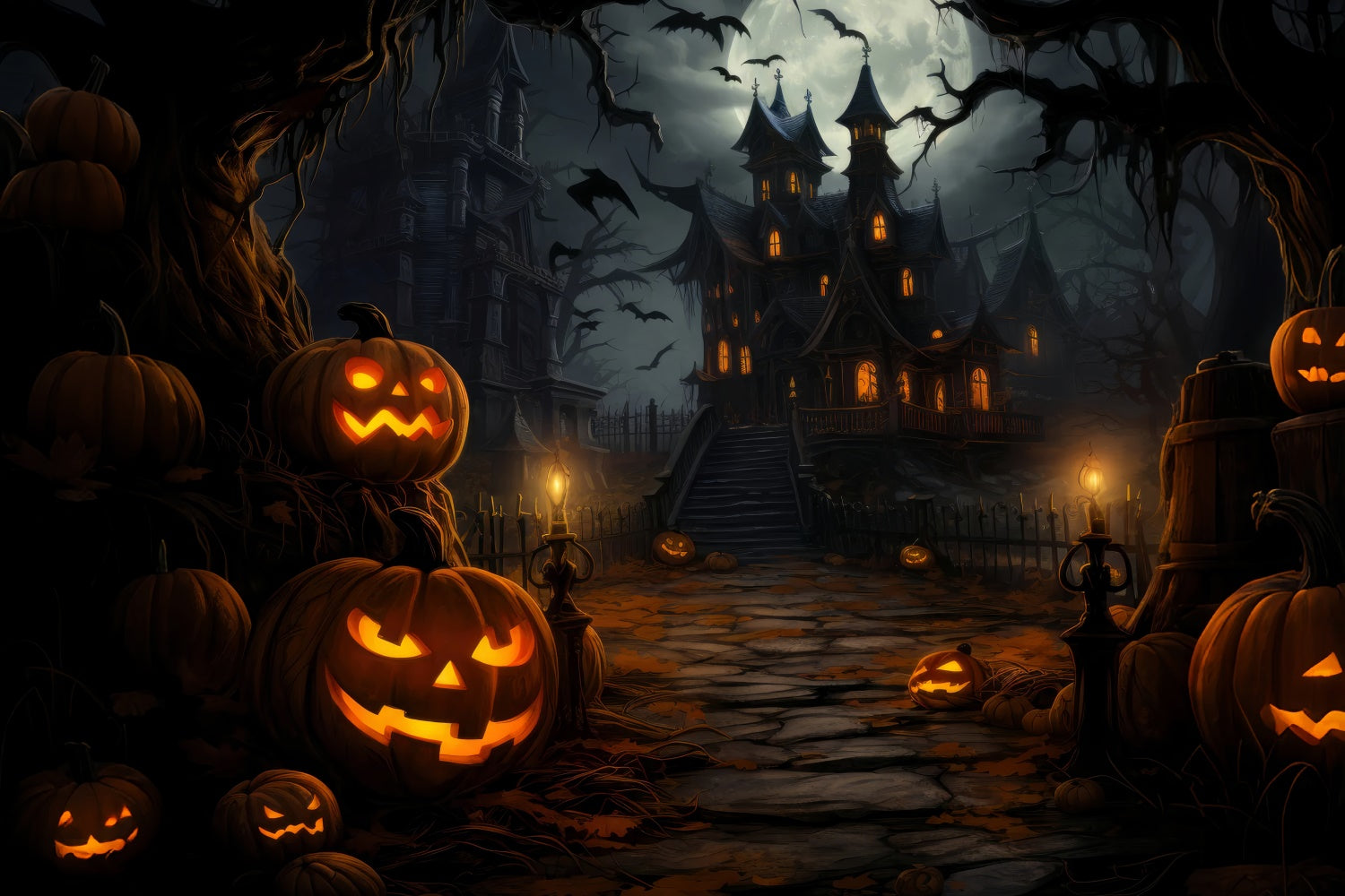 Gespenstisches Haus und Fledermäuse in der Halloween Nacht Hintergrund BRP8-253
