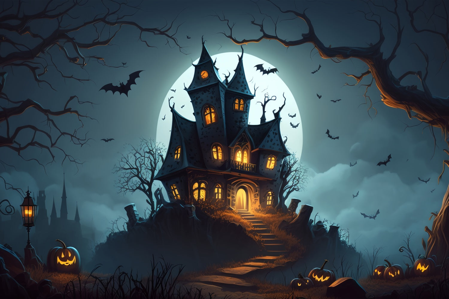 Gotische Burg auf einem Hügel Halloween Hintergrund BRP8-257